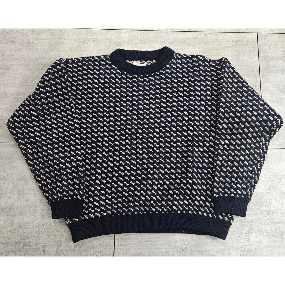 Vintage LL Bean Birdseye Sweater Navy Blue Wool Blend Norway Crewneck Med-Large - Picture 1 of 8